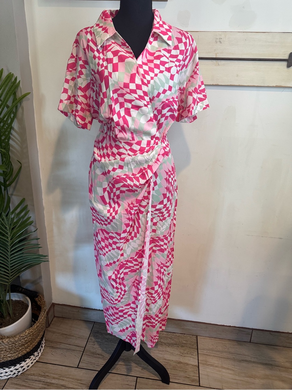 Asymmetrical Pink Geometric Wrap Dress